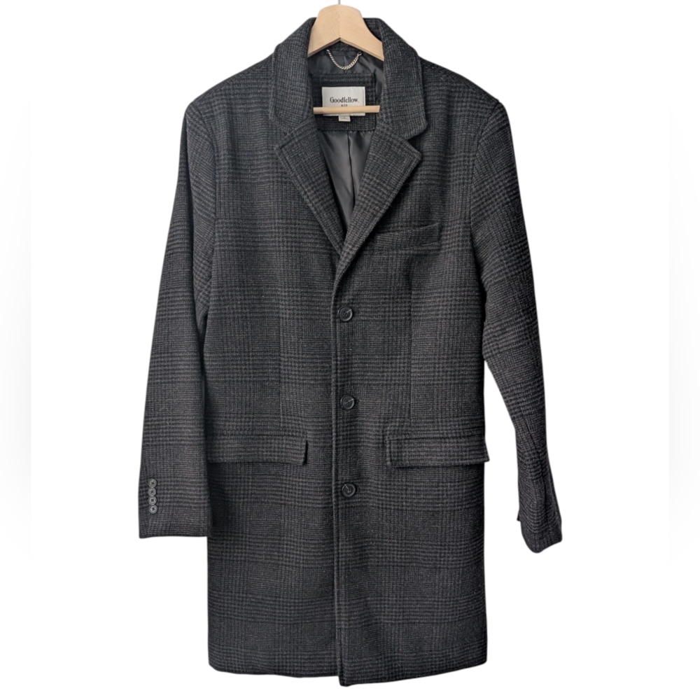 Goodfellow & Co Men's Grey Plaid Wool Blend Midi Coat Winter Jacket, size S